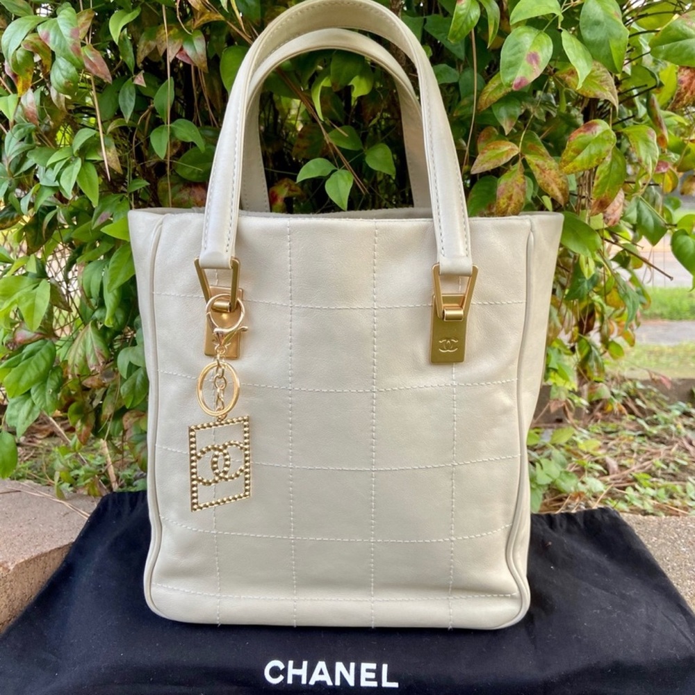 CHANEL Ivory Quilted Leather Chocolate Bar Tote Bag